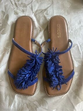Chico's Delray Royal Blue Suede Fringe Flat Sandals Size 8M